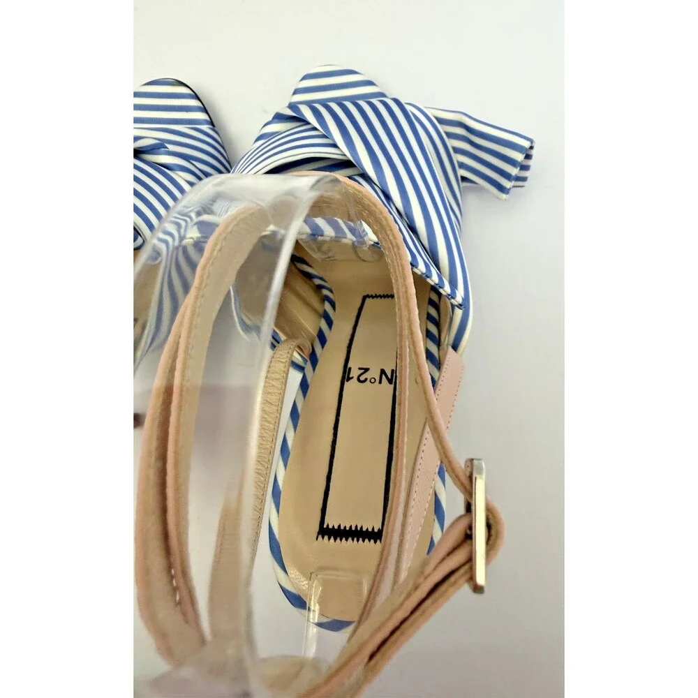 N°21 Tricolor Striped Silk & Leather Knotted Ankle Strap Heels Sandals Sz 38/7.5